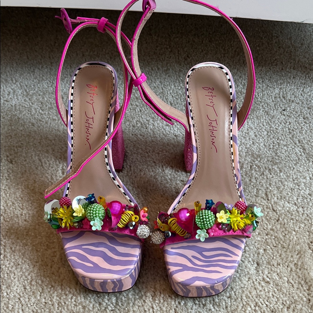 Betsey Johnson Pink Zebra Heels with Colorful Embellishments